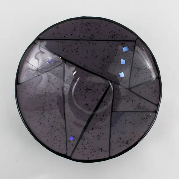 Purple Glass Bowl With Black Lines and Iridescent Blue Squares