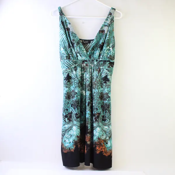 Papillon Teal/Black/Brown Abstract Floral Pattern Sun Dress Women's Size XL