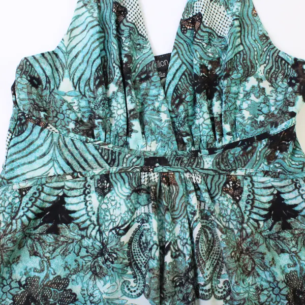Papillon Teal/Black/Brown Abstract Floral Pattern Sun Dress Women's Size XL