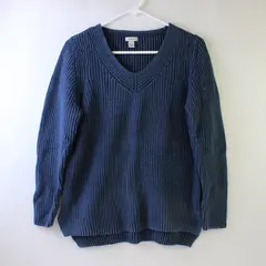 L. L. Bean Solid Blue Color Long Sleeve Knit Sweater 100% Cotton Women's Size L