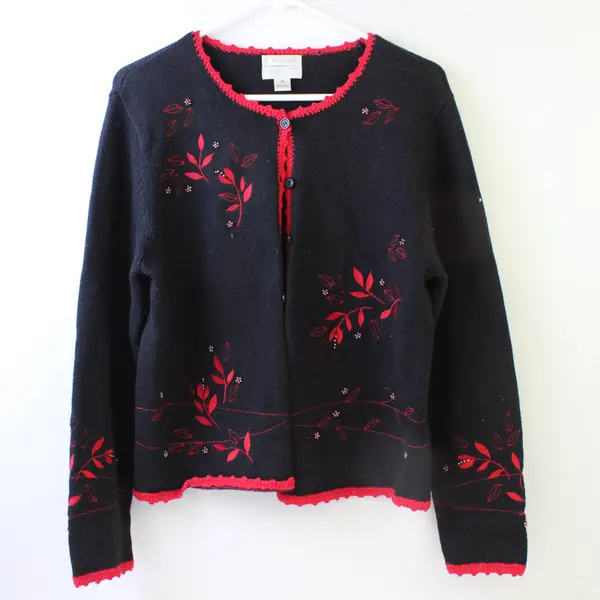 Christopher & Banks Black W/ Red Floral Crochet Sweater Cardigan Women's Size M