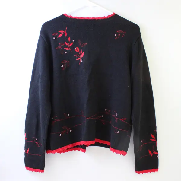 Christopher & Banks Black W/ Red Floral Crochet Sweater Cardigan Women's Size M