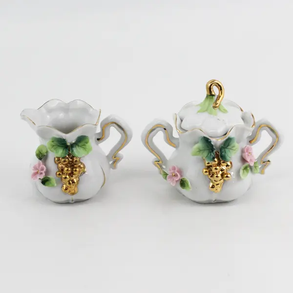 Ceramic Creamer & Sugar Bowl With Gold Grapes Applied Flowers Leaves 