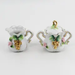 Ceramic Creamer & Sugar Bowl With Gold Grapes Applied Flowers Leaves 