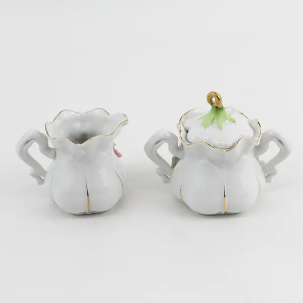 Ceramic Creamer & Sugar Bowl With Gold Grapes Applied Flowers Leaves 