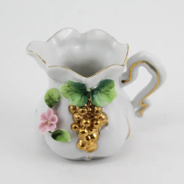 Ceramic Creamer & Sugar Bowl With Gold Grapes Applied Flowers Leaves 