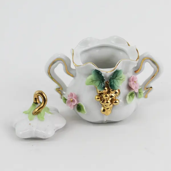 Ceramic Creamer & Sugar Bowl With Gold Grapes Applied Flowers Leaves 