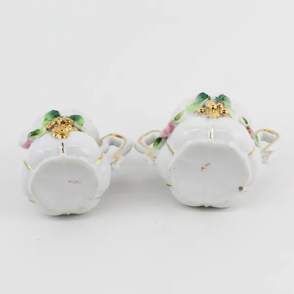 Ceramic Creamer & Sugar Bowl With Gold Grapes Applied Flowers Leaves 