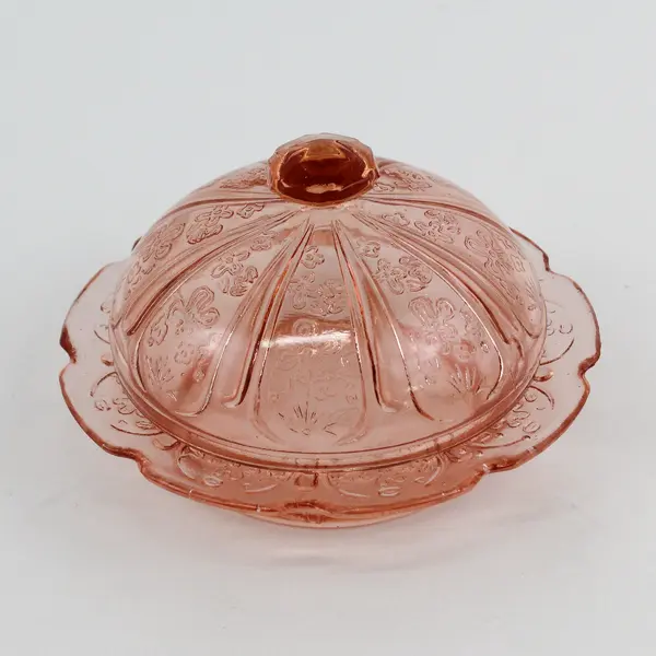 Vintage Jeannette Glass Covered Butter Dish Cherry Blossom Pink