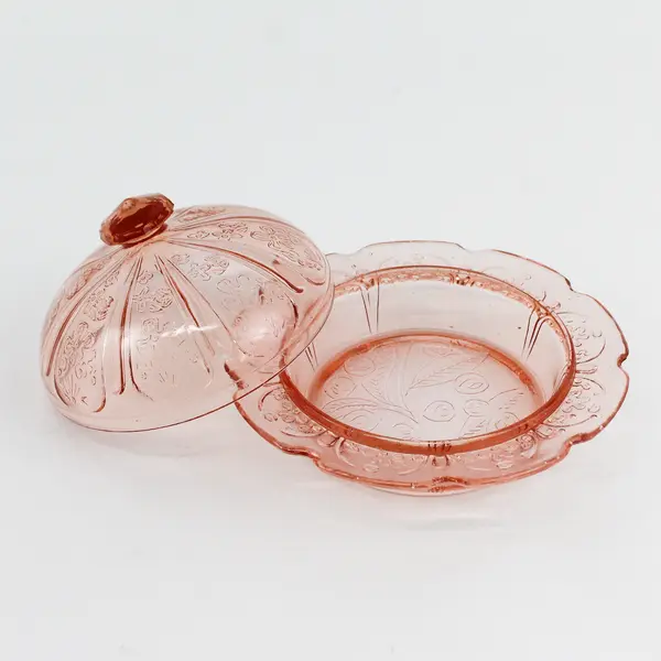 Vintage Jeannette Glass Covered Butter Dish Cherry Blossom Pink