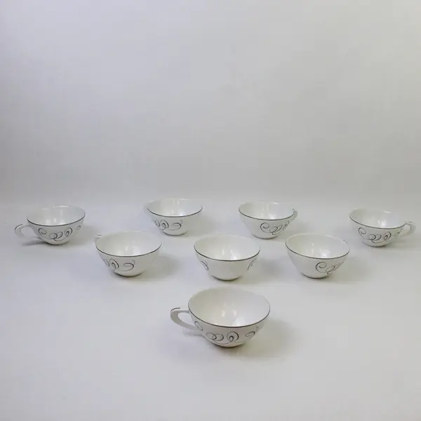 Set of 8 Style House Rhythm Fine China Tea Mugs White Gray Scroll Handles