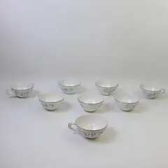 Set of 8 Style House Rhythm Fine China Tea Mugs White Gray Scroll Handles
