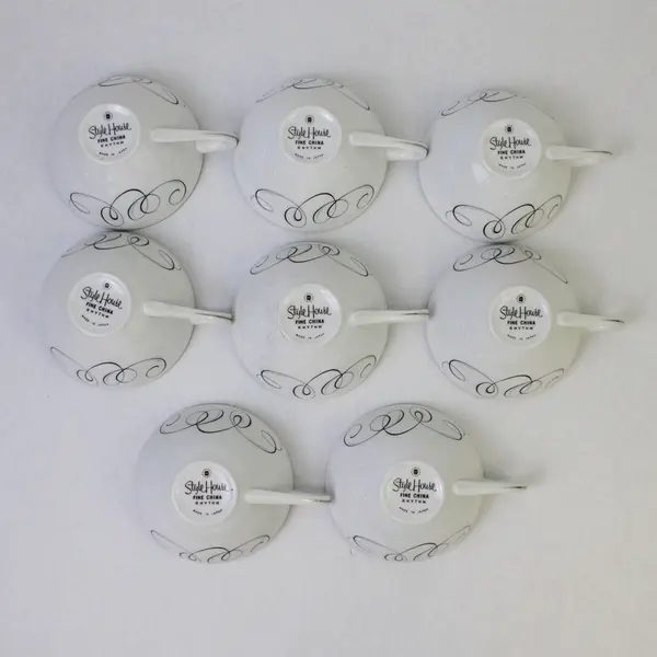 Set of 8 Style House Rhythm Fine China Tea Mugs White Gray Scroll Handles