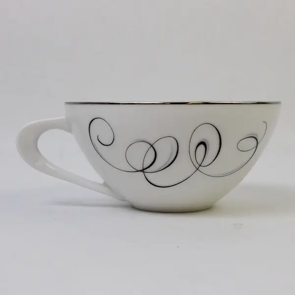 Set of 8 Style House Rhythm Fine China Tea Mugs White Gray Scroll Handles