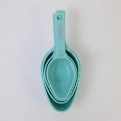 Farberware 4pc Plastic Measuring Spoons Aqua 1/4, 1/3, 1/2, 1 Cup Used