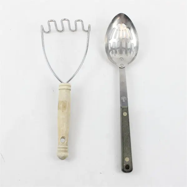 Lot of 2 Kitchen Utensils - Stainless Slotted Serving Spoon & Potato Masher