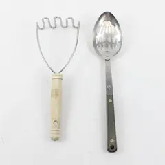 Lot of 2 Kitchen Utensils - Stainless Slotted Serving Spoon & Potato Masher