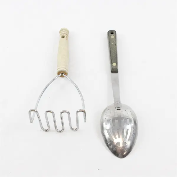 Lot of 2 Kitchen Utensils - Stainless Slotted Serving Spoon & Potato Masher