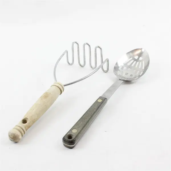 Lot of 2 Kitchen Utensils - Stainless Slotted Serving Spoon & Potato Masher