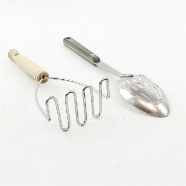 Lot of 2 Kitchen Utensils - Stainless Slotted Serving Spoon & Potato Masher