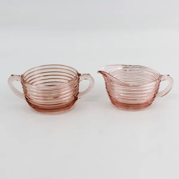 Vintage Anchor Hocking Manhattan Pink Creamer And Sugar Bowl