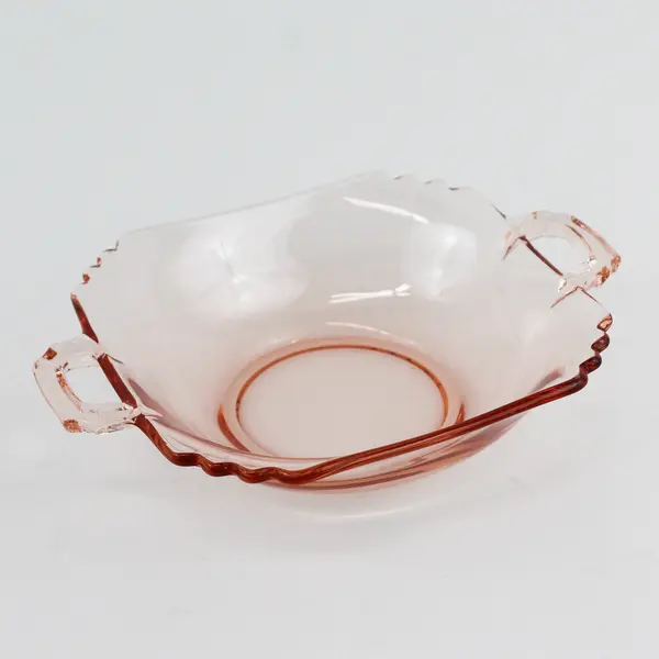 Vintage Square Pink Glass  Bowl With Handles And Scalloped Corners