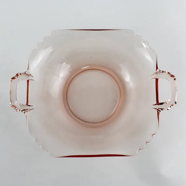 Vintage Square Pink Glass  Bowl With Handles And Scalloped Corners
