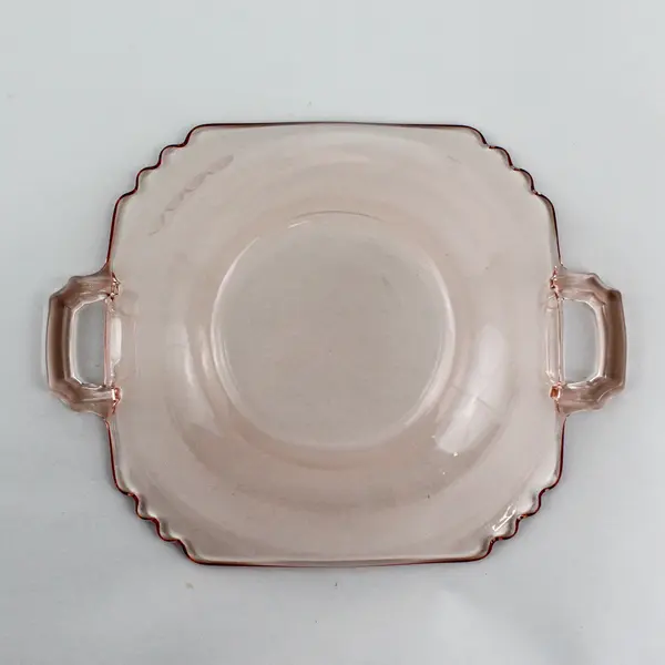 Vintage Square Pink Glass  Bowl With Handles And Scalloped Corners