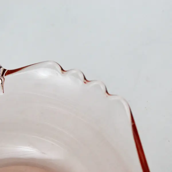 Vintage Square Pink Glass  Bowl With Handles And Scalloped Corners