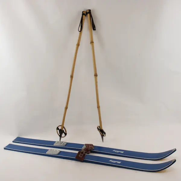Vintage 45" Child Youth Wood Holiday Blue Skis Japan Made With Bamboo Poles