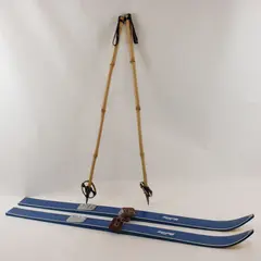 Vintage 45" Child Youth Wood Holiday Blue Skis Japan Made With Bamboo Poles
