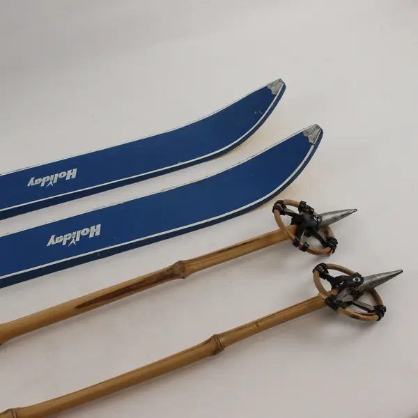 Vintage 45" Child Youth Wood Holiday Blue Skis Japan Made With Bamboo Poles