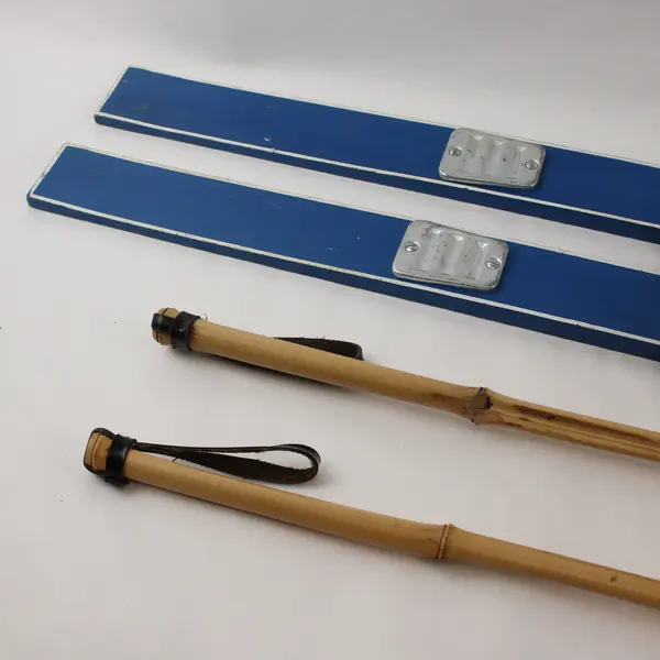 Vintage 45" Child Youth Wood Holiday Blue Skis Japan Made With Bamboo Poles