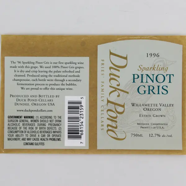 1996 Duck Pond Cellars Sparkling Pinot Gris Wine Label Willamette Valley Oregon