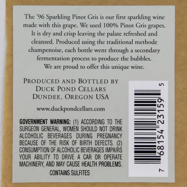 1996 Duck Pond Cellars Sparkling Pinot Gris Wine Label Willamette Valley Oregon