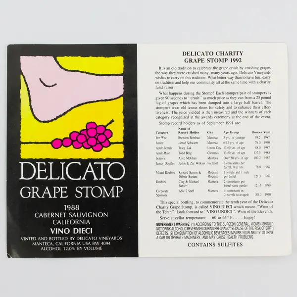 Delicato Charity Grape Stomp 1992 Wine Label Cabernet Sauvignon California