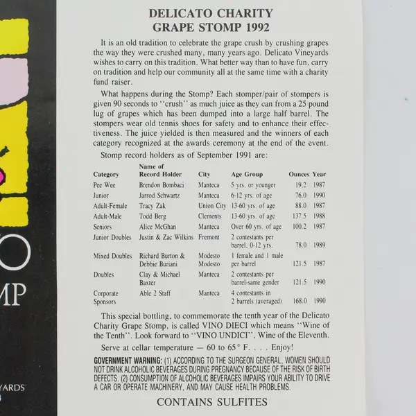 Delicato Charity Grape Stomp 1992 Wine Label Cabernet Sauvignon California