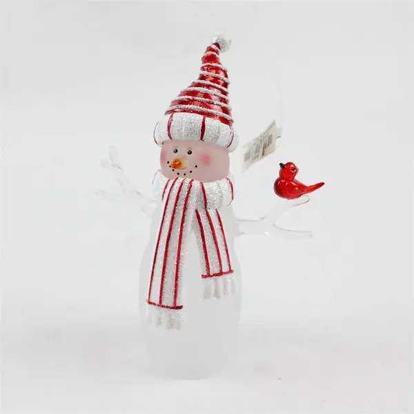 Department 56 Acrylic Snowman Figurine w/ Red Bird & Red/White Hat Scarf