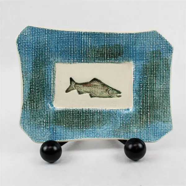 Ceramic Trinket Dish Salmon Blue Green Jewelry Coin Dish 5.5x7