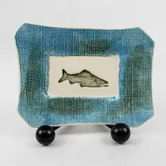 Ceramic Trinket Dish Salmon Blue Green Jewelry Coin Dish 5.5x7