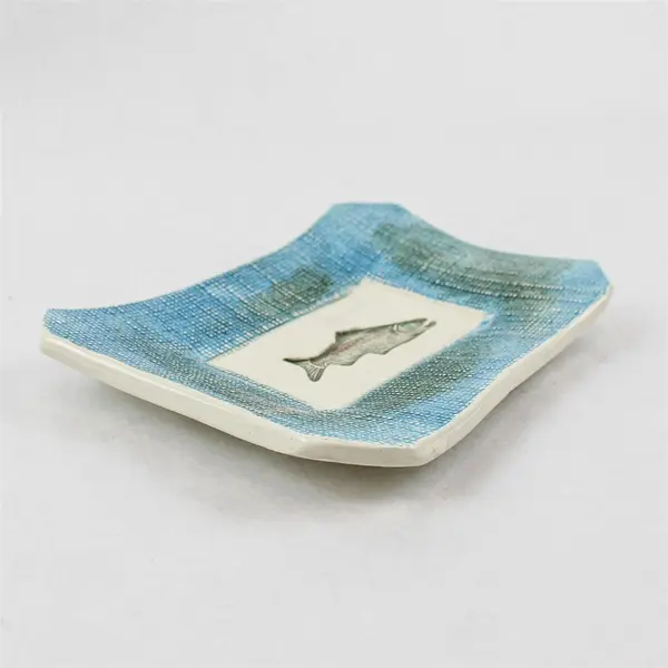 Ceramic Trinket Dish Salmon Blue Green Jewelry Coin Dish 5.5x7