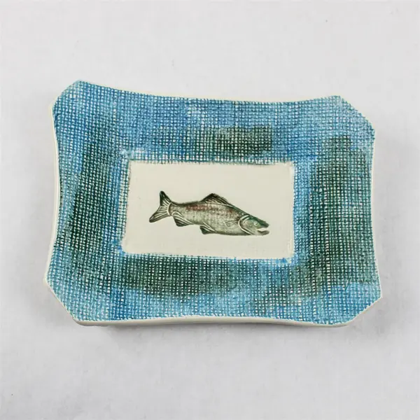 Ceramic Trinket Dish Salmon Blue Green Jewelry Coin Dish 5.5x7