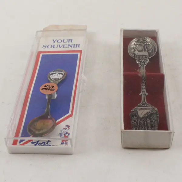 Lot of 2 Souvenir Spoons Mt Rainier Solid Copper Enamel & Silver Plate Deer
