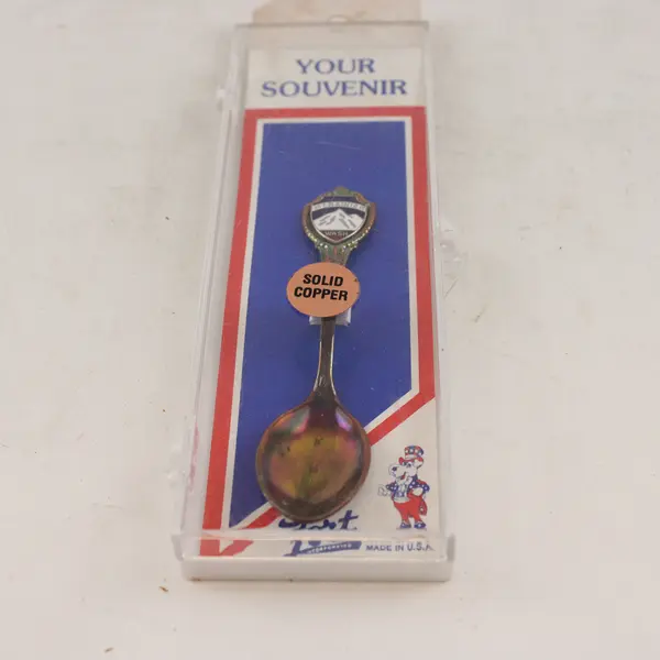 Lot of 2 Souvenir Spoons Mt Rainier Solid Copper Enamel & Silver Plate Deer