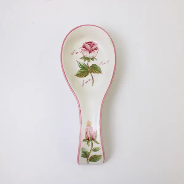 Vintage Pink Rose Hand-Painted Ceramic Spoon Rest Floral White