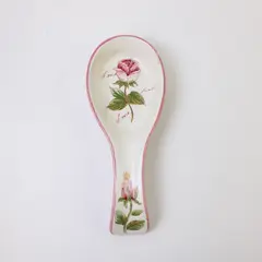 Vintage Pink Rose Hand-Painted Ceramic Spoon Rest Floral White