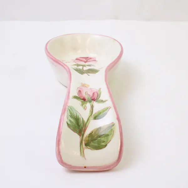 Vintage Pink Rose Hand-Painted Ceramic Spoon Rest Floral White