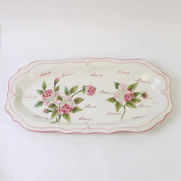 Ceramic Love Serving Tray Pink Rose White Floral 17.5x8.25in 