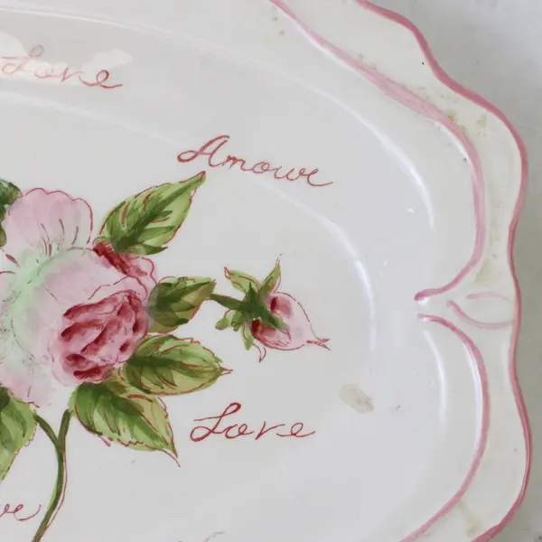 Ceramic Love Serving Tray Pink Rose White Floral 17.5x8.25in 