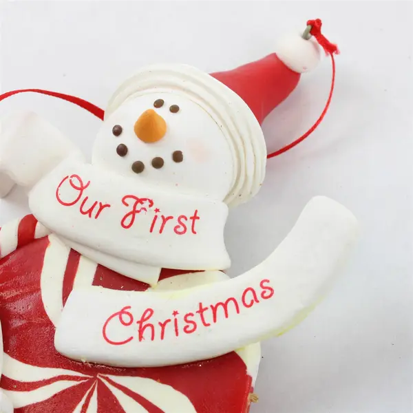 Peppermint Candy Snowman Our First Christmas Ornament 5x6 Needs Repair